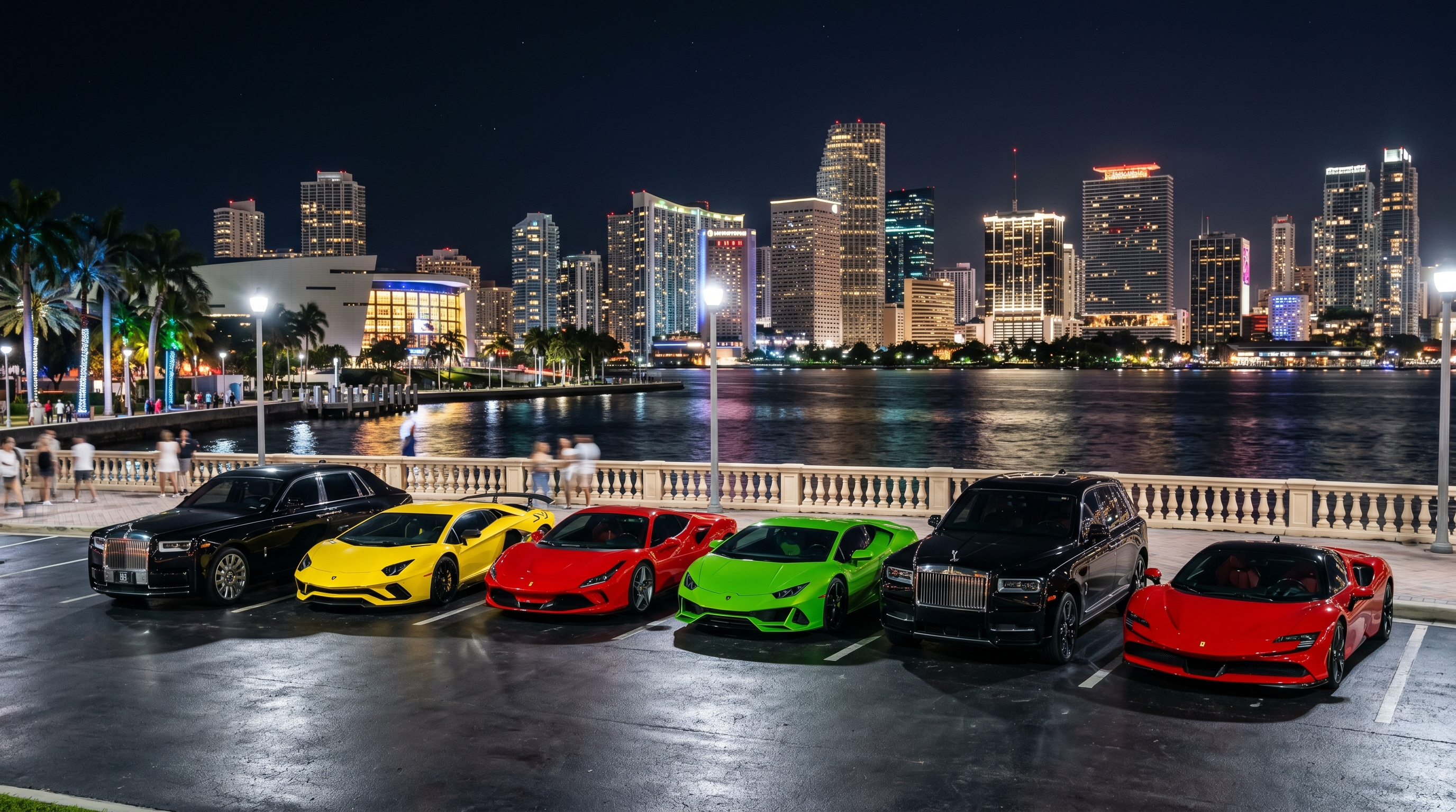 Fleet of exotic supercars — Ferrari, Lamborghini, Rolls-Royce lined up side by side in Miami at night with city skyline backdrop