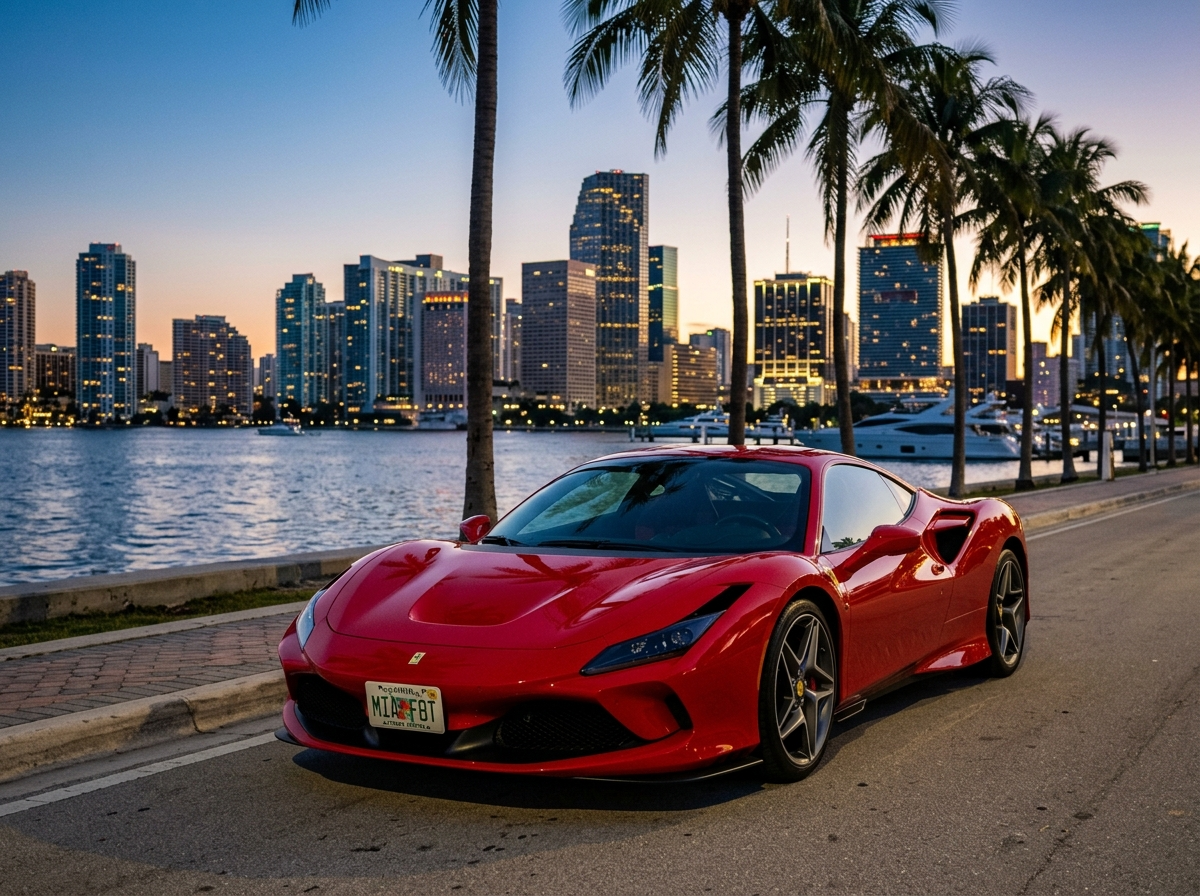 2023 Ferrari F8 Tributo red in Miami — exotic Italian supercar with city skyline background
