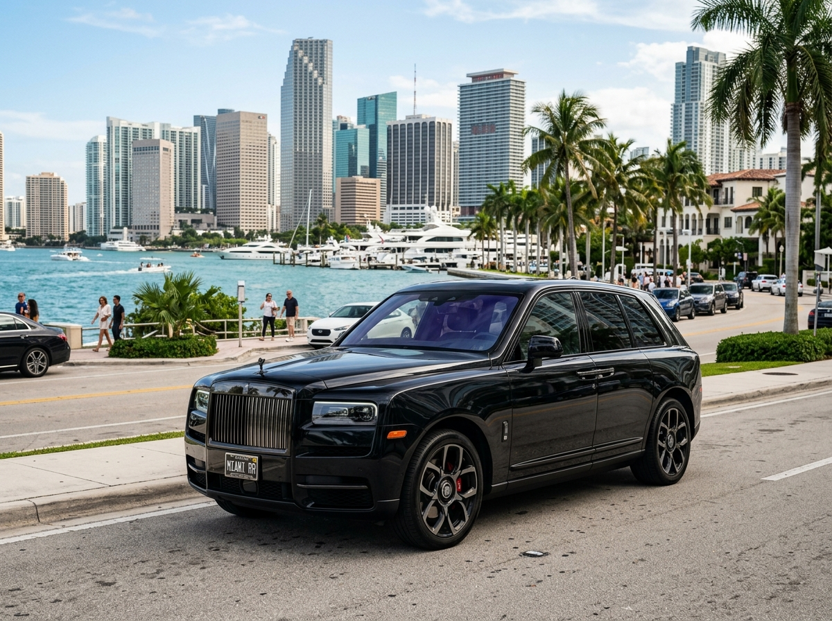 2022 Rolls-Royce Cullinan Black Badge ultra luxury SUV in Miami — black exterior with city backdrop