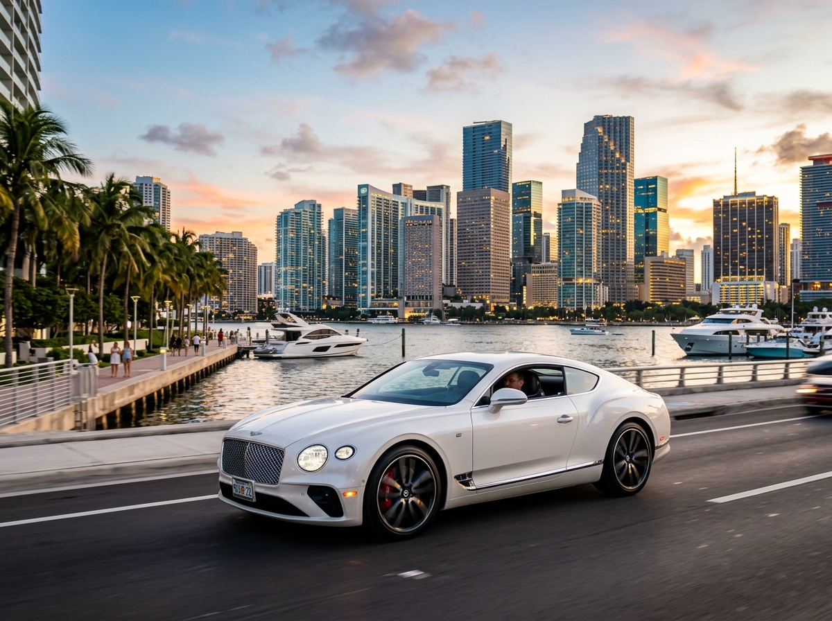 2022 Bentley Continental GT luxury grand tourer in Miami — pearl white coupe on Brickell waterfront