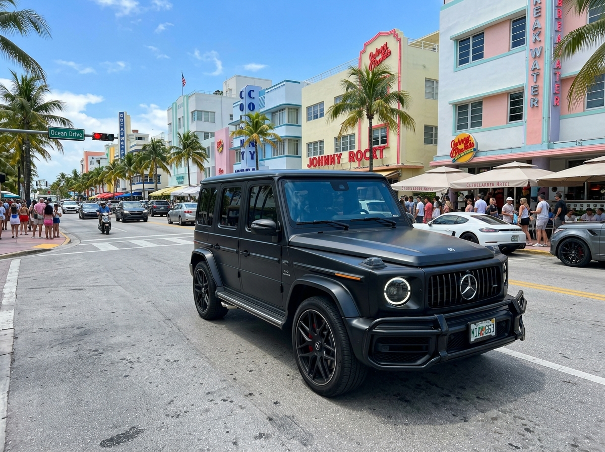2024 Mercedes-Benz G63 AMG luxury SUV in Miami — matte black G-Wagon on South Beach street