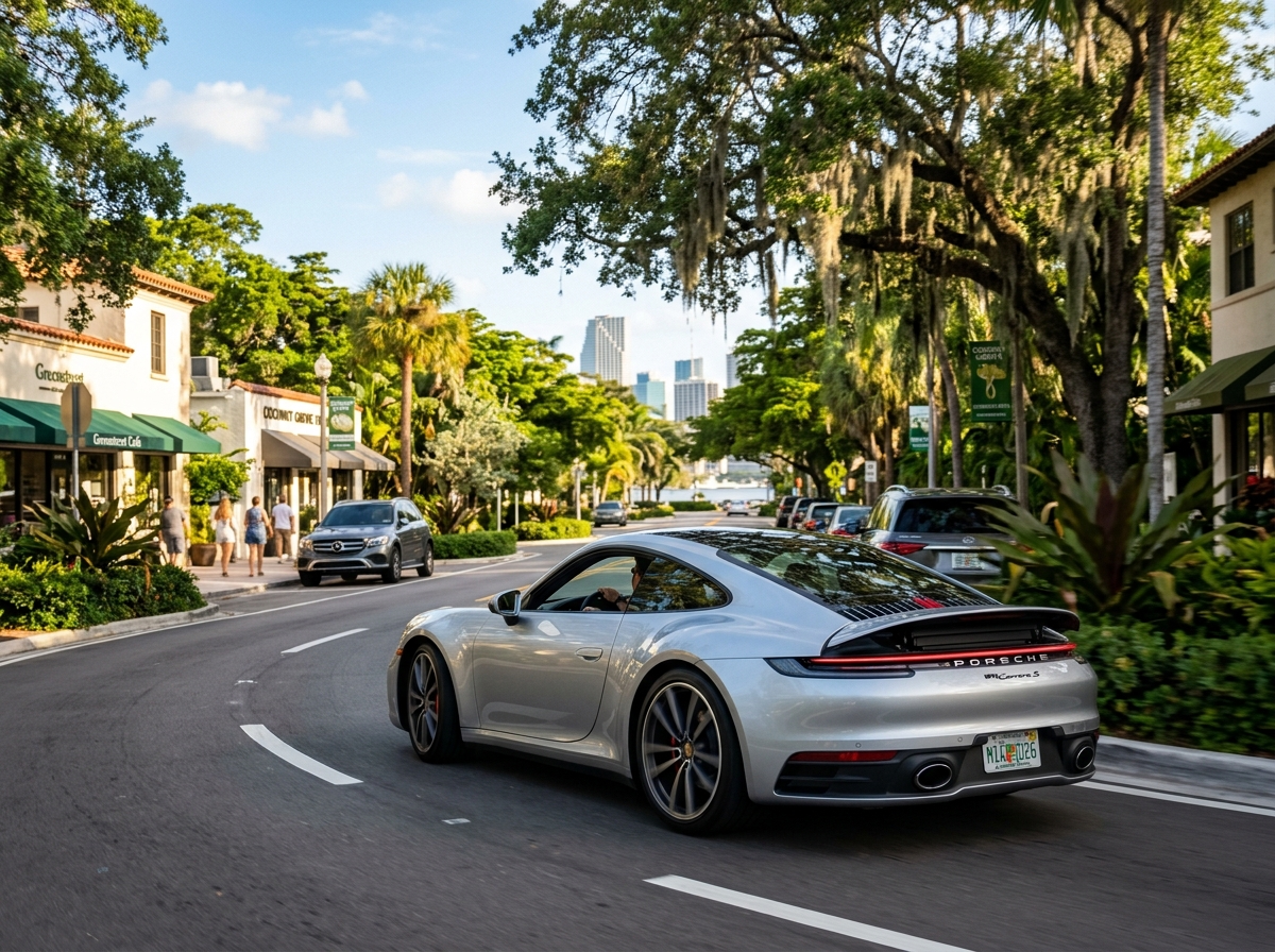 2026 Porsche 911 Carrera S silver sports car in Miami — rear-engine sports car on Coconut Grove road