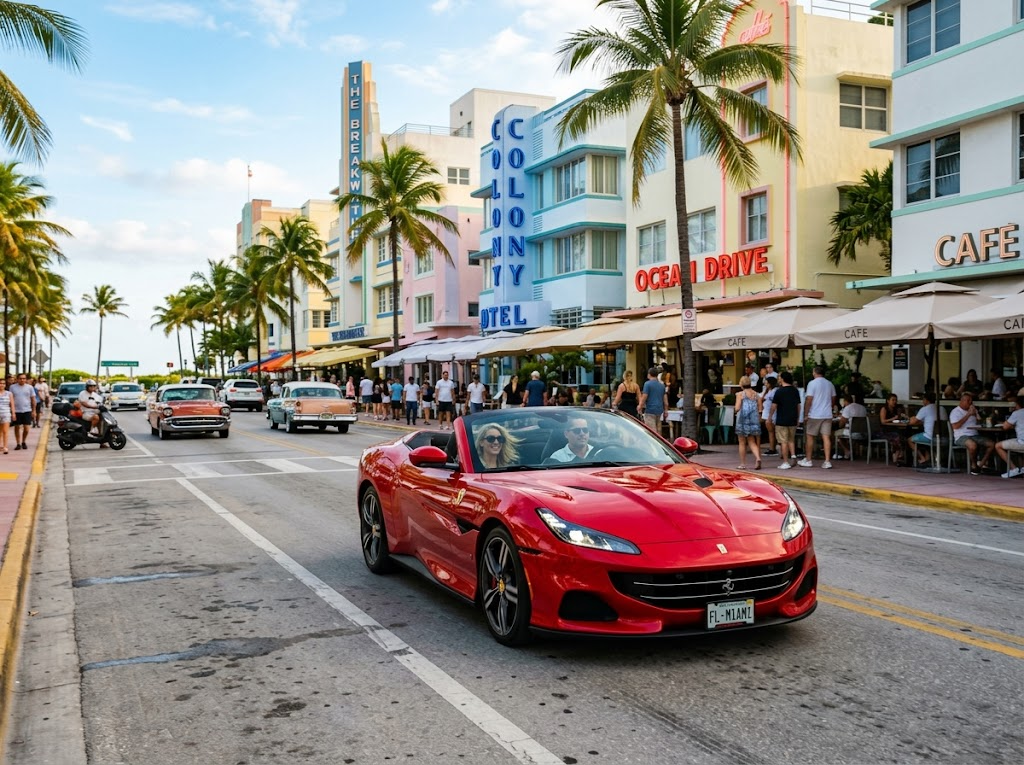 2023 Ferrari Portofino M convertible in Miami Beach — Italian open-top grand tourer on Ocean Drive