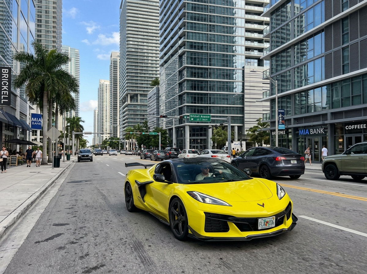 2024 Chevrolet Corvette Z06 yellow supercar in Miami — American supercar on Brickell street