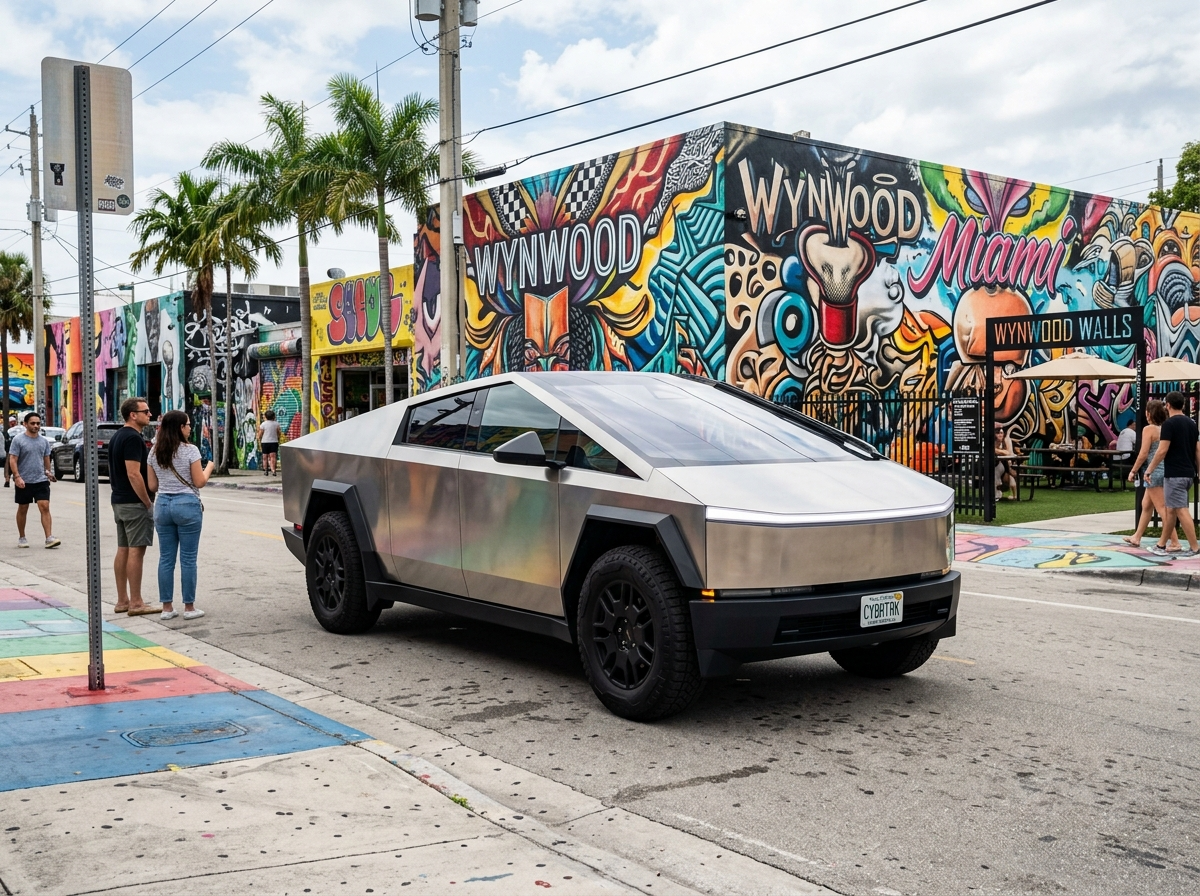 2024 Tesla Cybertruck AWD electric truck in Miami — futuristic stainless steel truck in Wynwood